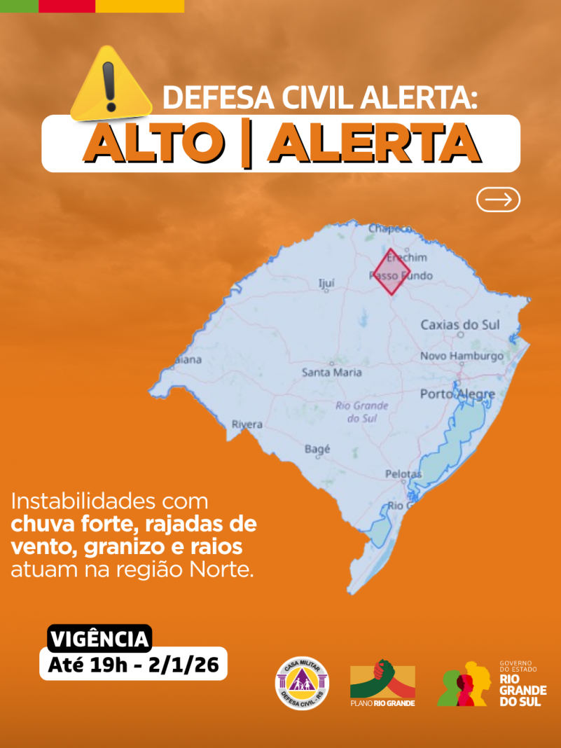 Defesa Civil alerta: Condi&ccedil;&atilde;o de ALERTA para instabilidades com chuva forte, rajadas de vento, granizo e raios