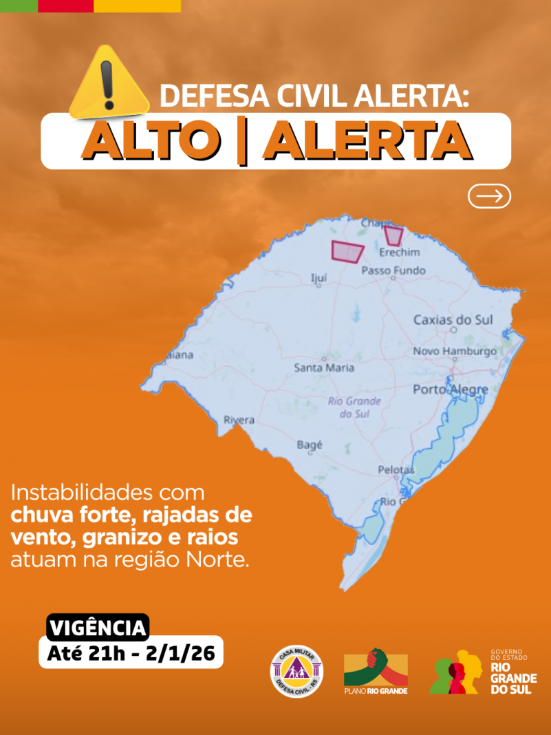 Defesa Civil alerta: Condi&ccedil;&atilde;o de ALERTA para instabilidades com chuva forte, rajadas de vento, granizo e raios