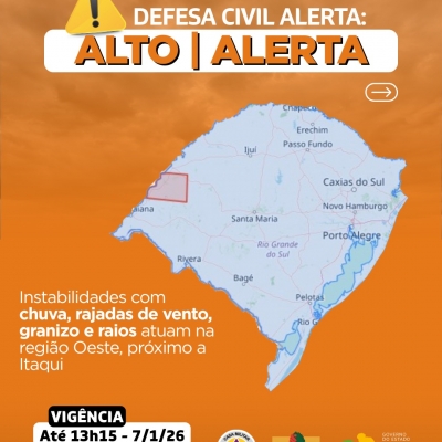 Mapa do RS em fundo laranja para alerta de instabilidades com chuv, rajadas de vento, granizo e raios atuam na região Oeste, próximo a Itaqui 