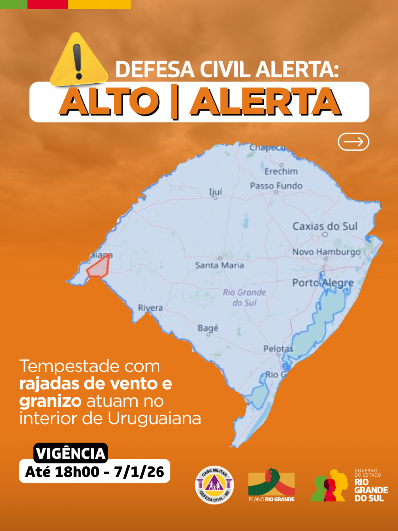 Defesa Civil alerta: condi&ccedil;&atilde;o de ALERTA para  rajadas de vento e granizo no interior de Uruguaiana. 