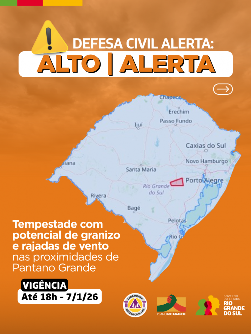 Defesa Civil alerta: Condicao de ALERTA para granizo e vento nas proximidades de P&acirc;ntano Grande.