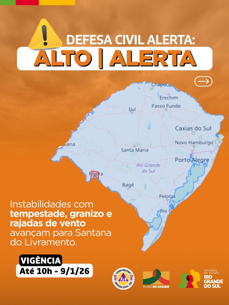 Defesa Civil alerta:  Condicao de ALERTA para tempestade, vento e granizo em Santana do Livramento.