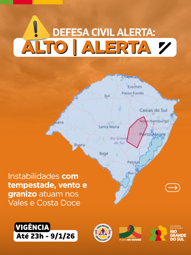 Defesa Civil alerta: Condi&ccedil;&atilde;o de ALERTA para instabilidades com tempestade, vento e granizo