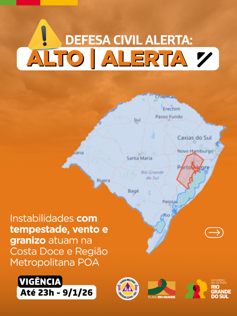 Defesa Civil alerta: Condi&ccedil;&atilde;o de ALERTA para instabilidades com tempestade, vento e granizo
