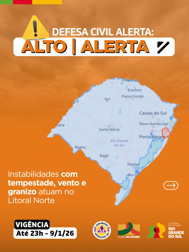 Defesa Civil alerta: Condi&ccedil;&atilde;o de ALERTA para instabilidades com tempestade, vento e granizo