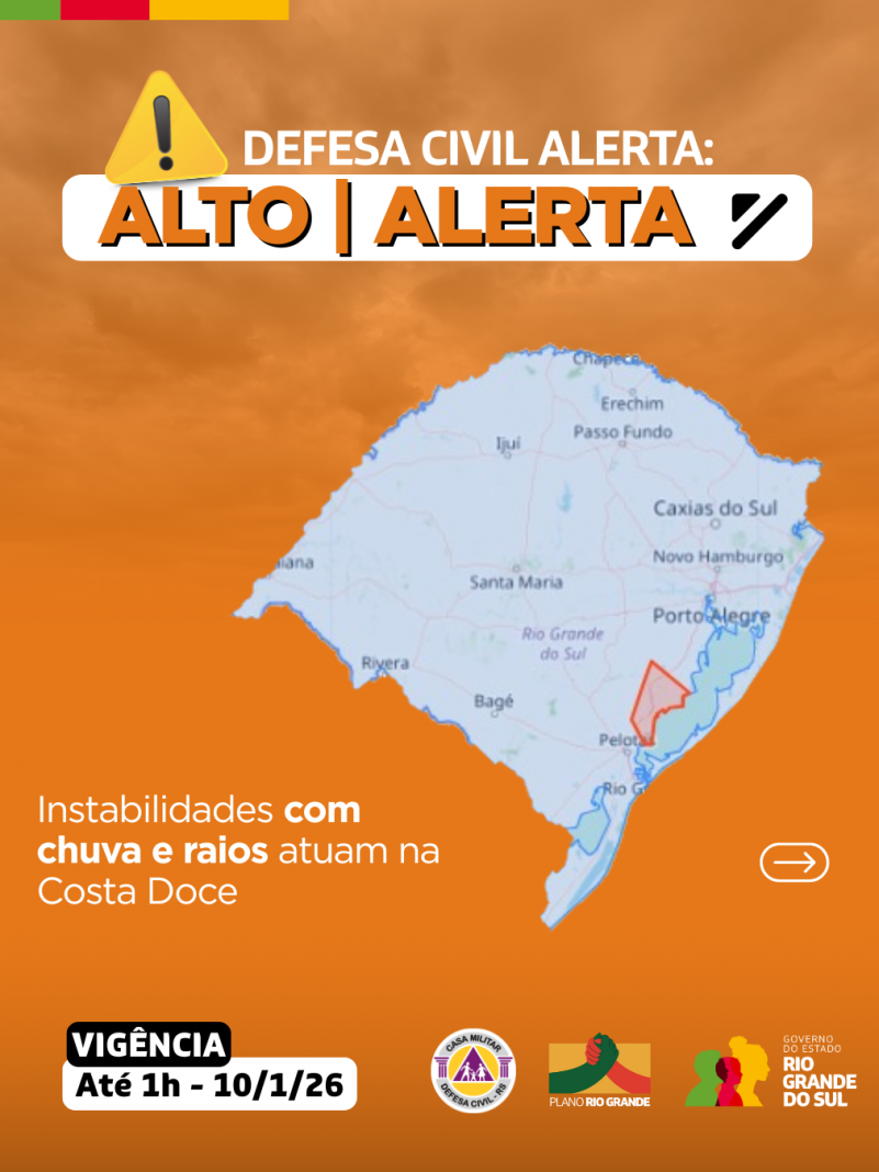 Defesa Civil alerta: Condi&ccedil;&atilde;o de ALERTA para instabilidades com chuva e raios atuam na Costa Doce