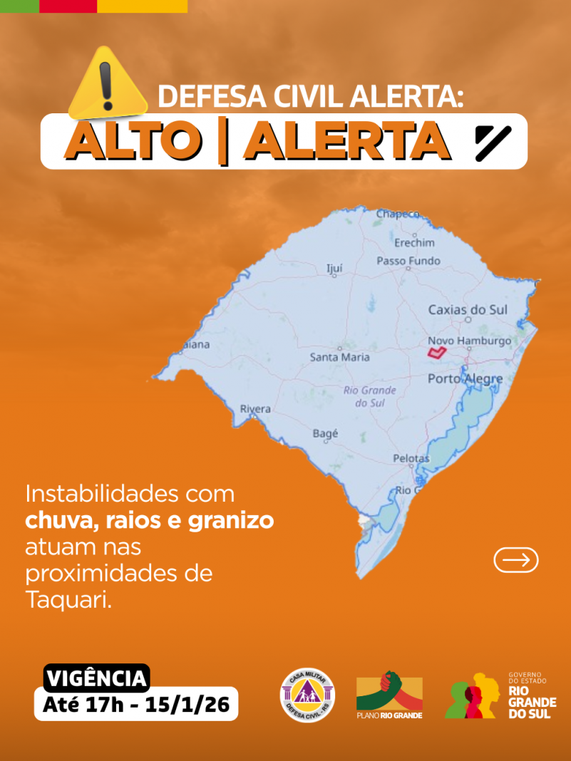 Alerta com mapa do RS em fundo laranja para alerta com instabilidades com chuvas, raio e granizo atuam nas proximidades de Taqua