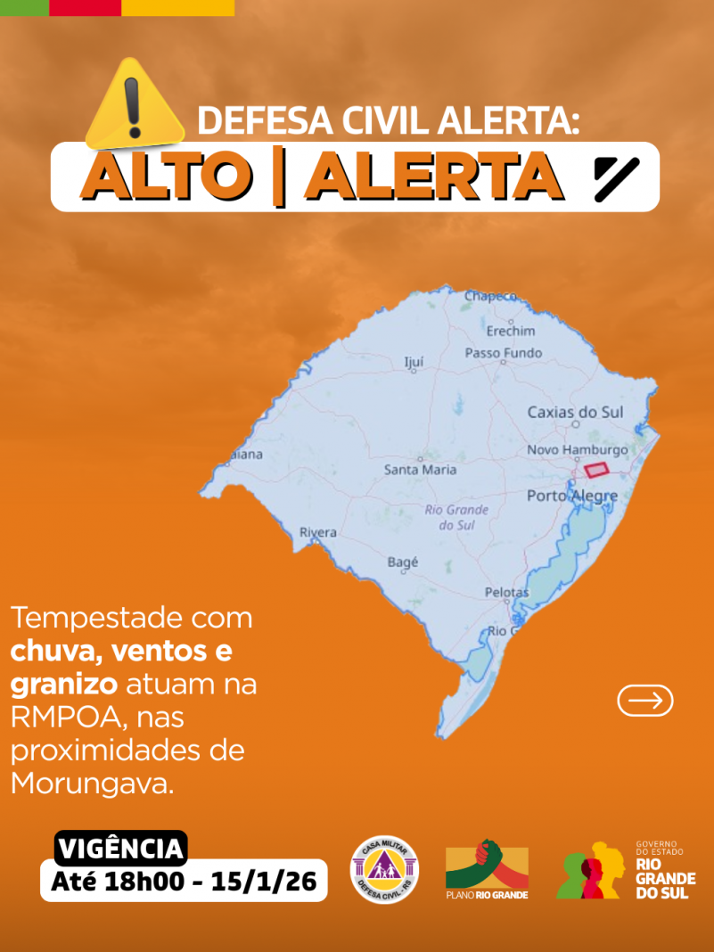 Defesa Civil alerta: Condi&ccedil;&atilde;o de ALERTA para Tempestade com chuva, ventos e granizo 