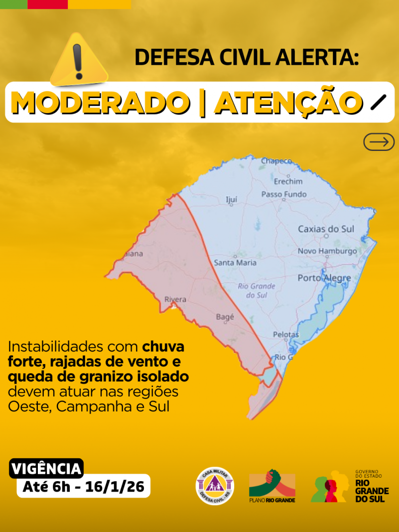 Defesa Civil alerta: Condi&ccedil;&atilde;o de ATEN&Ccedil;&Atilde;O para instabilidades com chuva forte, rajadas de vento e queda de granizo isolado