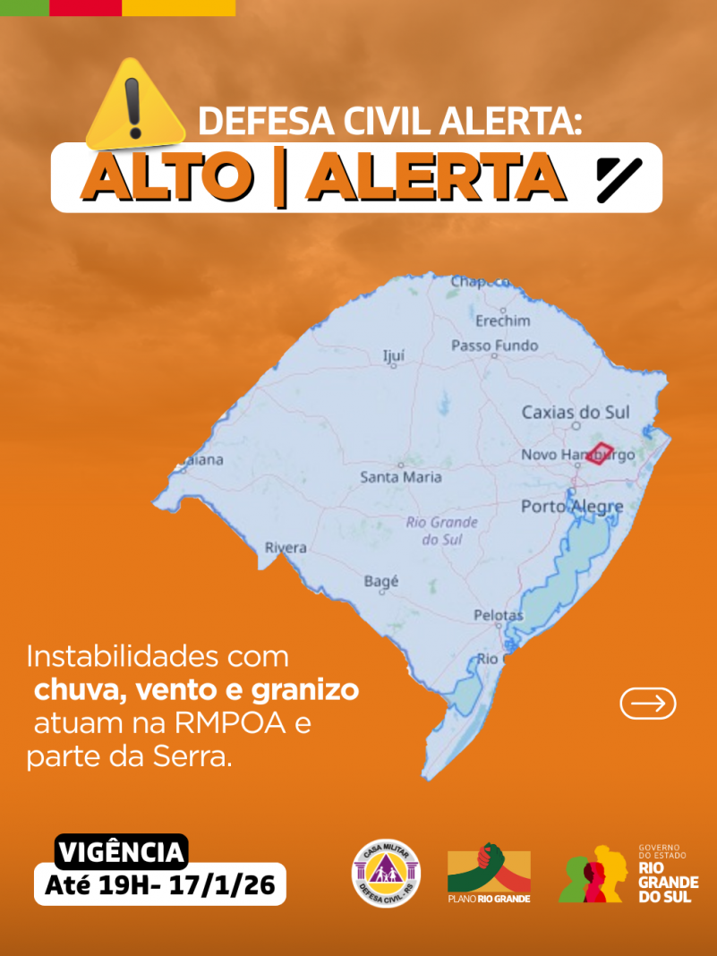 Defesa Civil alerta: condi&ccedil;&atilde;o de ALERTA para instabilidades com chuva, vento e granizo atuam na RMPOAe parte da Serra.