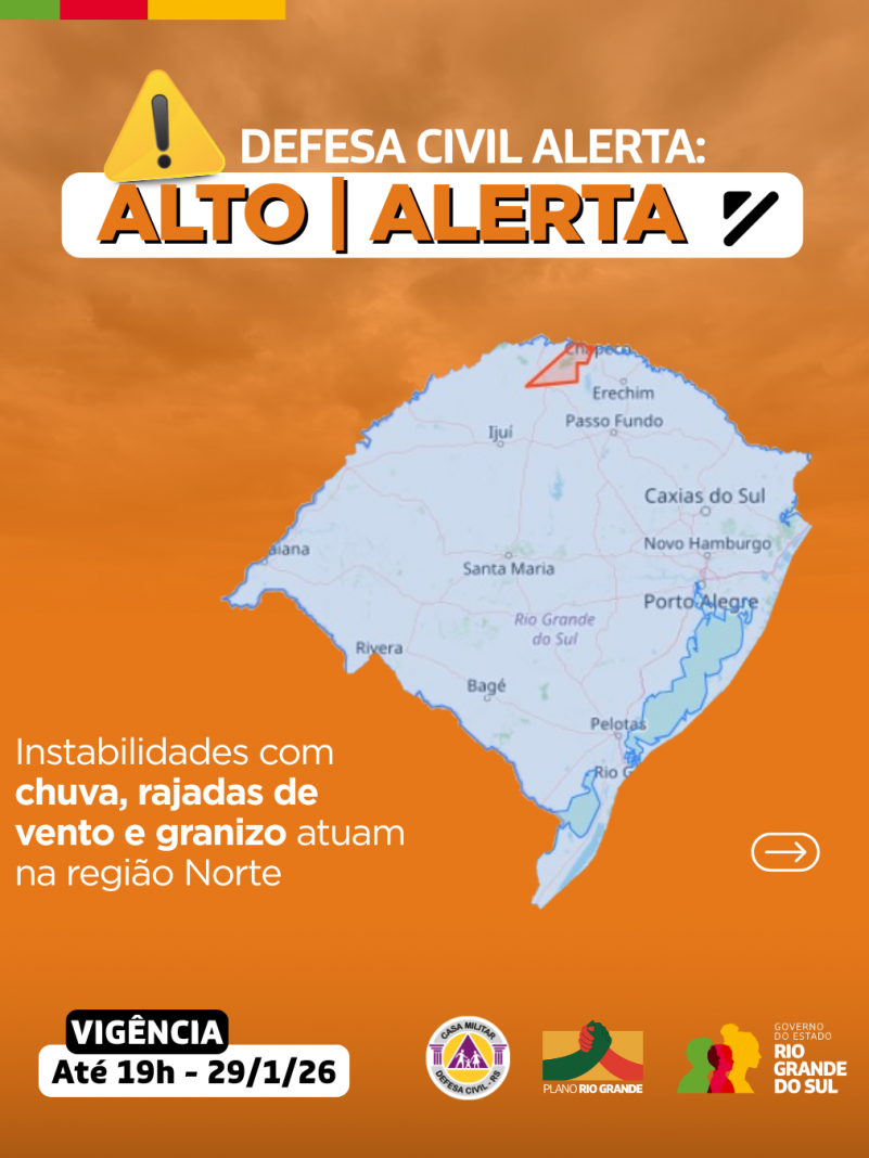 Defesa Civil alerta: Condi&ccedil;&atilde;o de ALERTA para instabilidades com chuva, rajadas de vento e granizo que atuam na regi&atilde;o Norte