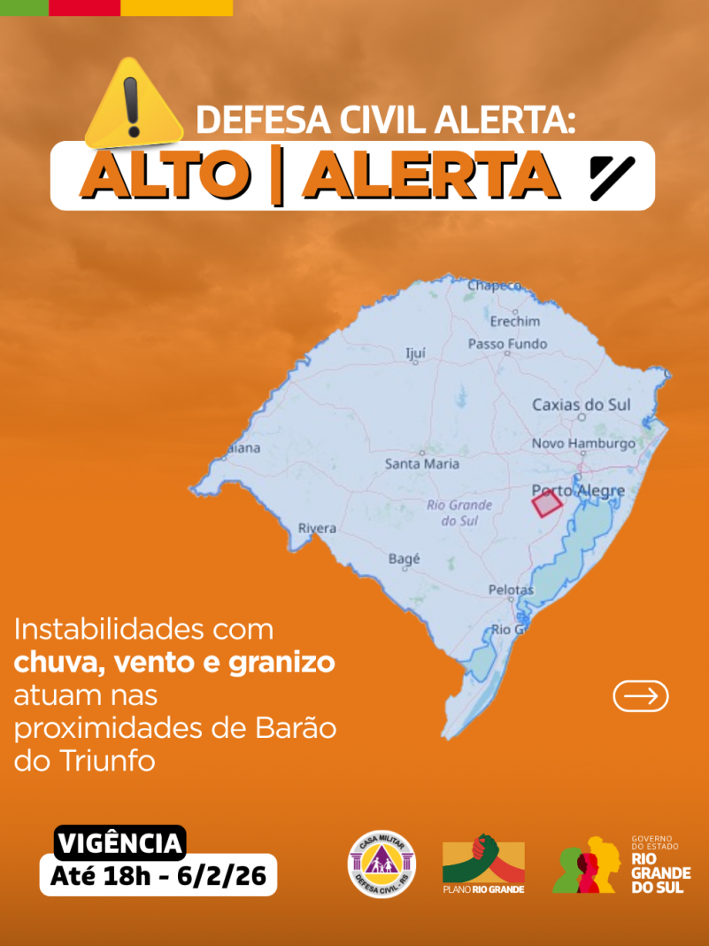 Defesa Civil alerta: Condi&ccedil;&atilde;o de ALERTA para instabilidades com chuva, vento e granizo