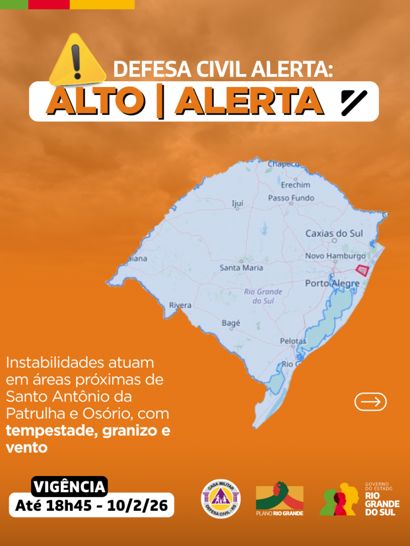 Defesa Civil alerta: Condi&ccedil;&atilde;o de ALERTA para instabilidades que atuam em &aacute;reas pr&oacute;ximas de Santo Ant&ocirc;nio da Patrulha e Os&oacute;rio