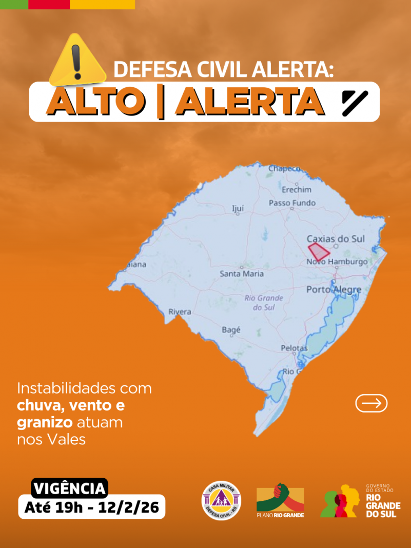 Defesa Civil alerta: Condi&ccedil;&atilde;o de ALERTA para instabilidades com chuva, vento e granizo