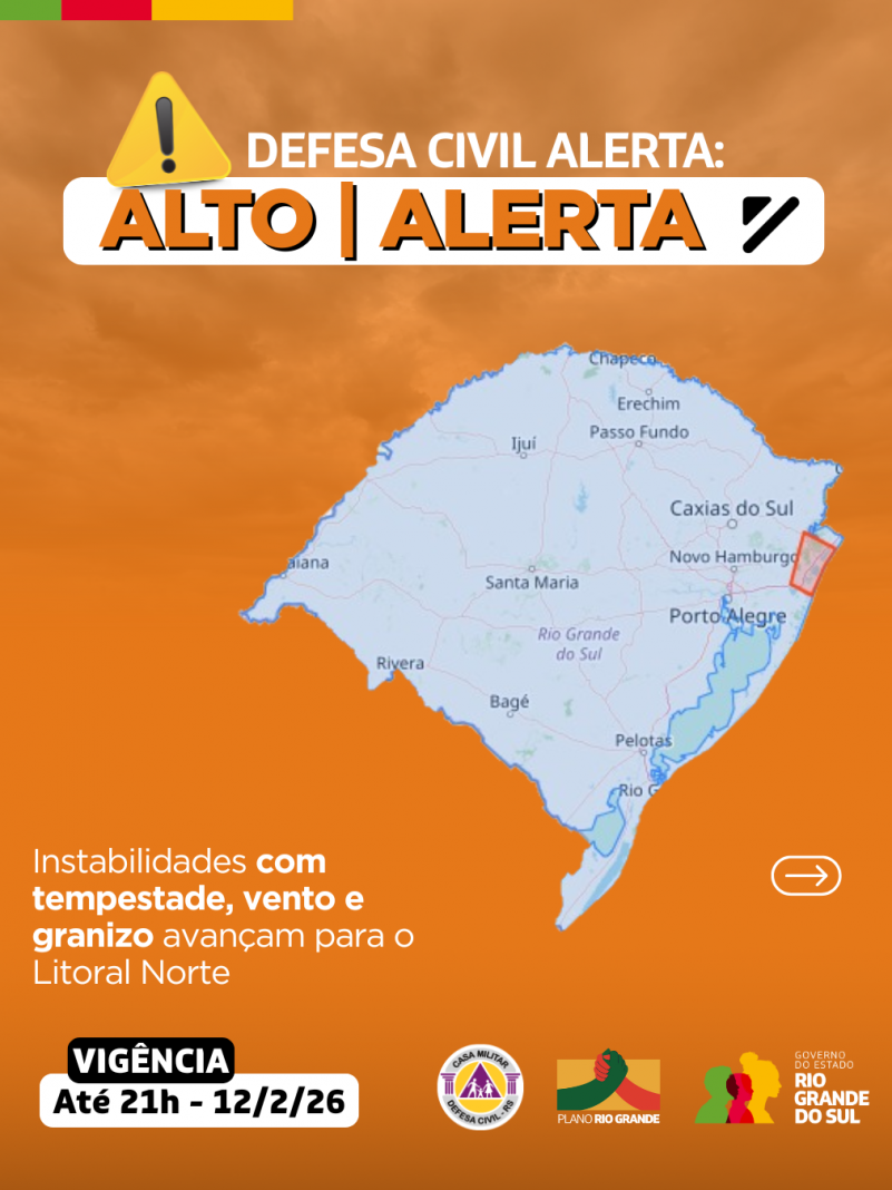 Defesa Civil alerta: Condi&ccedil;&atilde;o de ALERTA para instabilidades com chuva, vento e granizo avan&ccedil;am para o Litoral Norte
