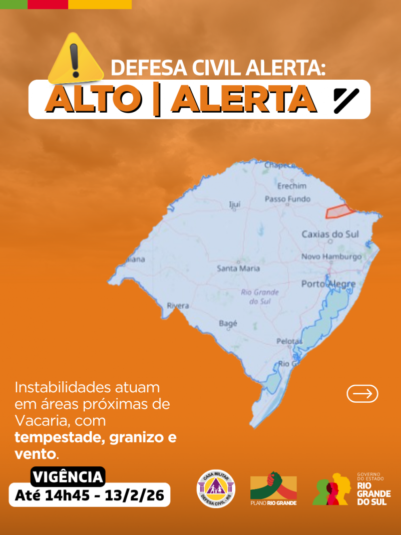 Defesa Civil alerta: Condi&ccedil;&atilde;o de ALERTA para instabilidades que atuam em &aacute;reas pr&oacute;ximas de Vacaria