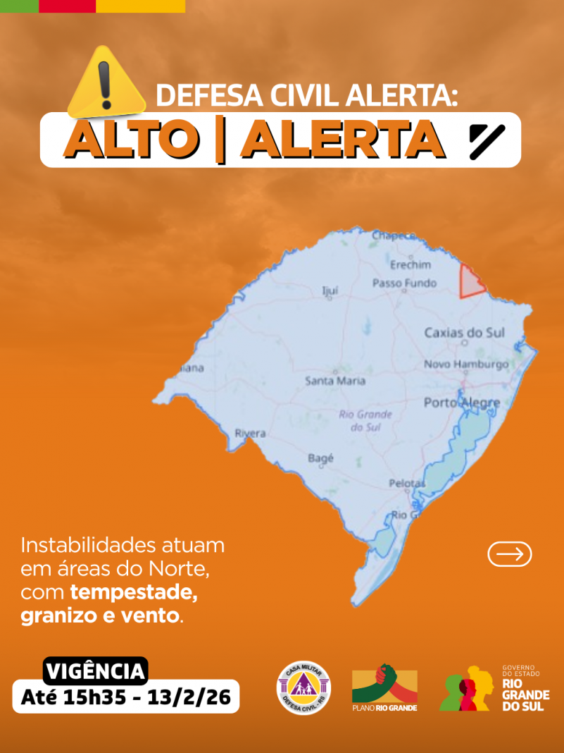 Defesa Civil alerta: Condi&ccedil;&atilde;o de ALERTA para Instabilidades atuam em &aacute;reas do Norte, com tempestade, granizo e vento.