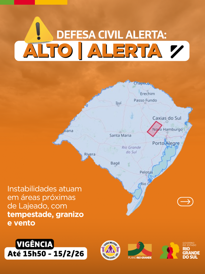Defesa Civil alerta: Condi&ccedil;&atilde;o de ALERTA para instabilidades que atuam em &aacute;reas pr&oacute;ximas de Lajeado