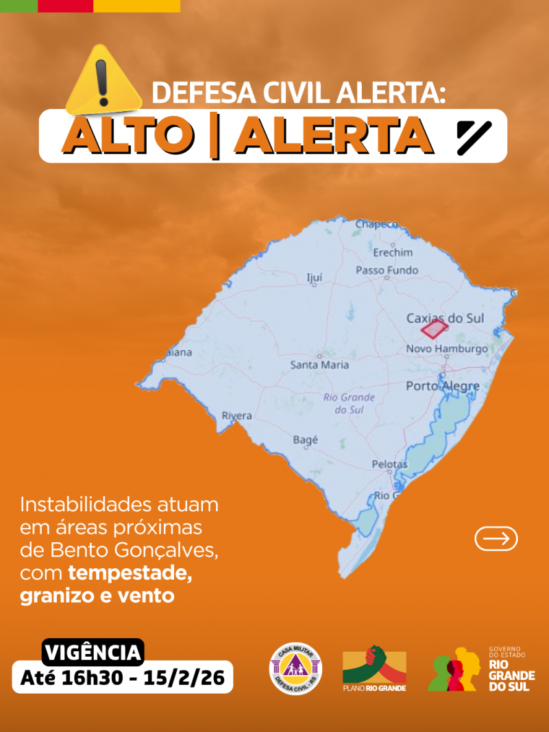 Defesa Civil alerta: Condi&ccedil;&atilde;o de ALERTA para instabilidades que atuam em &aacute;reas pr&oacute;ximas de Bento Gon&ccedil;alves
