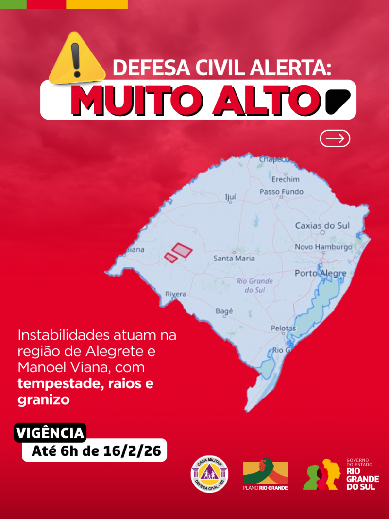 Defesa Civil alerta SEVERO para instabilidades que atuam na regi&atilde;o de Alegrete e Manoel Viana