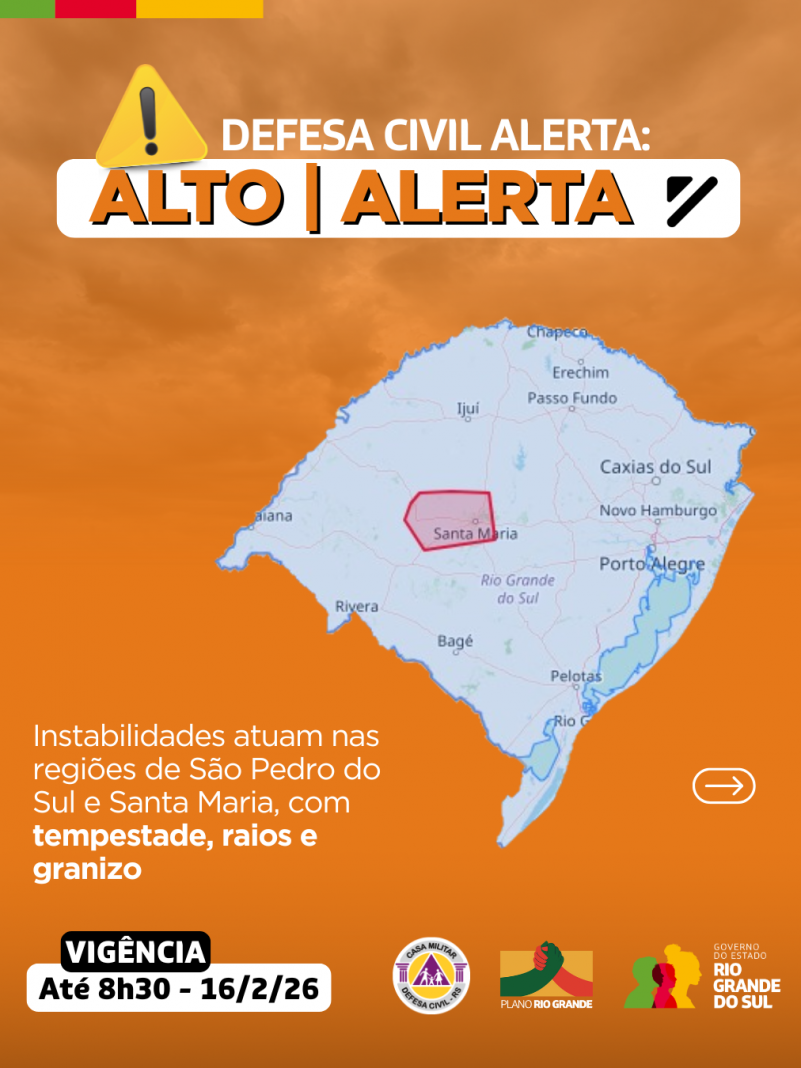 Defesa Civil alerta: Condi&ccedil;&atilde;o de ALERTA para instabilidades que atuam nas regi&otilde;es de S&atilde;o Pedro do Sul e Santa Maria