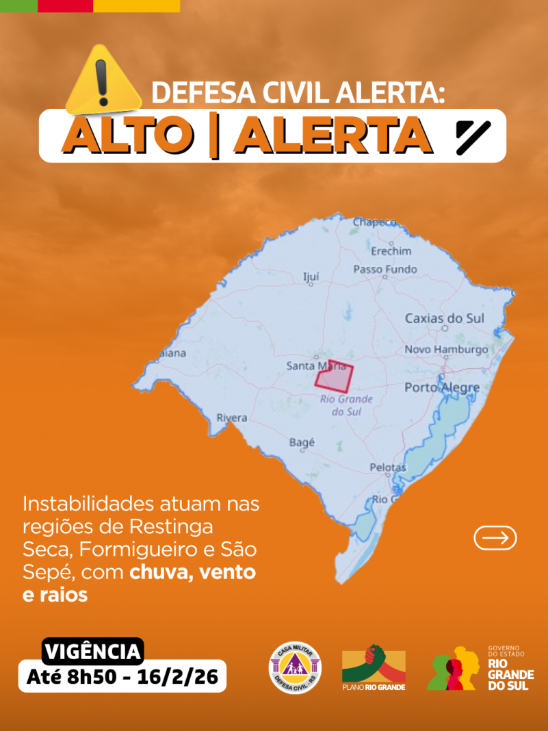 Defesa Civil alerta: condi&ccedil;&atilde;o de ALERTA para instabilidades que atuam nas regi&otilde;es de Restinga Seca, Formigueiro e S&atilde;o Sep&eacute;