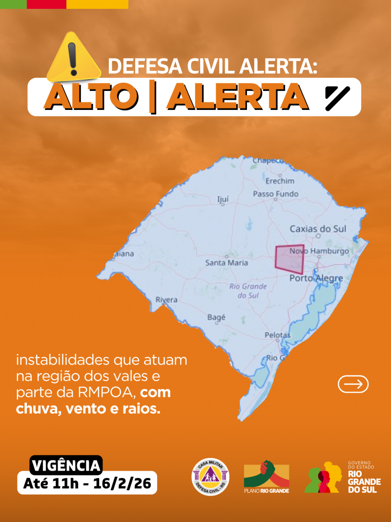 Defesa Civil alerta: Condi&ccedil;&atilde;o de ALERTA para instabilidades que atuam na regi&atilde;o dos vales e parte da RMPOA, com chuva, vento e raios. 
