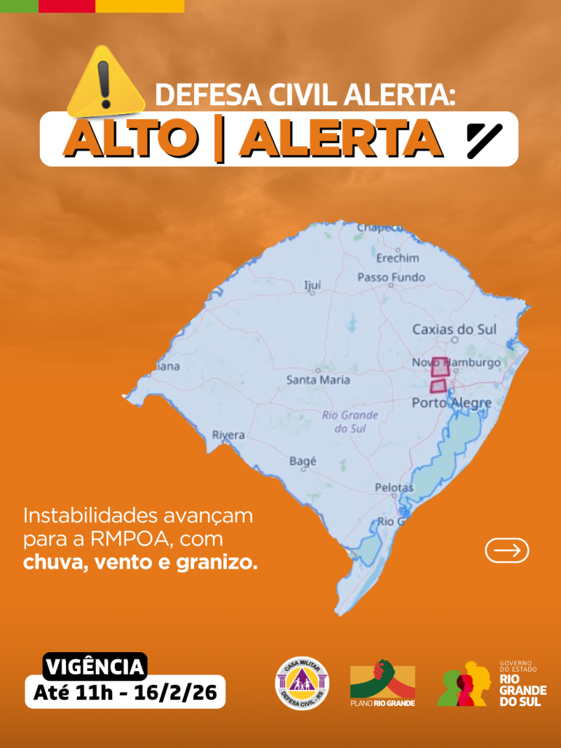 Defesa Civil alerta: Condi&ccedil;&atilde;o de ALERTA para instabilidades que avan&ccedil;am para a RMPOA, com chuva, vento e granizo.