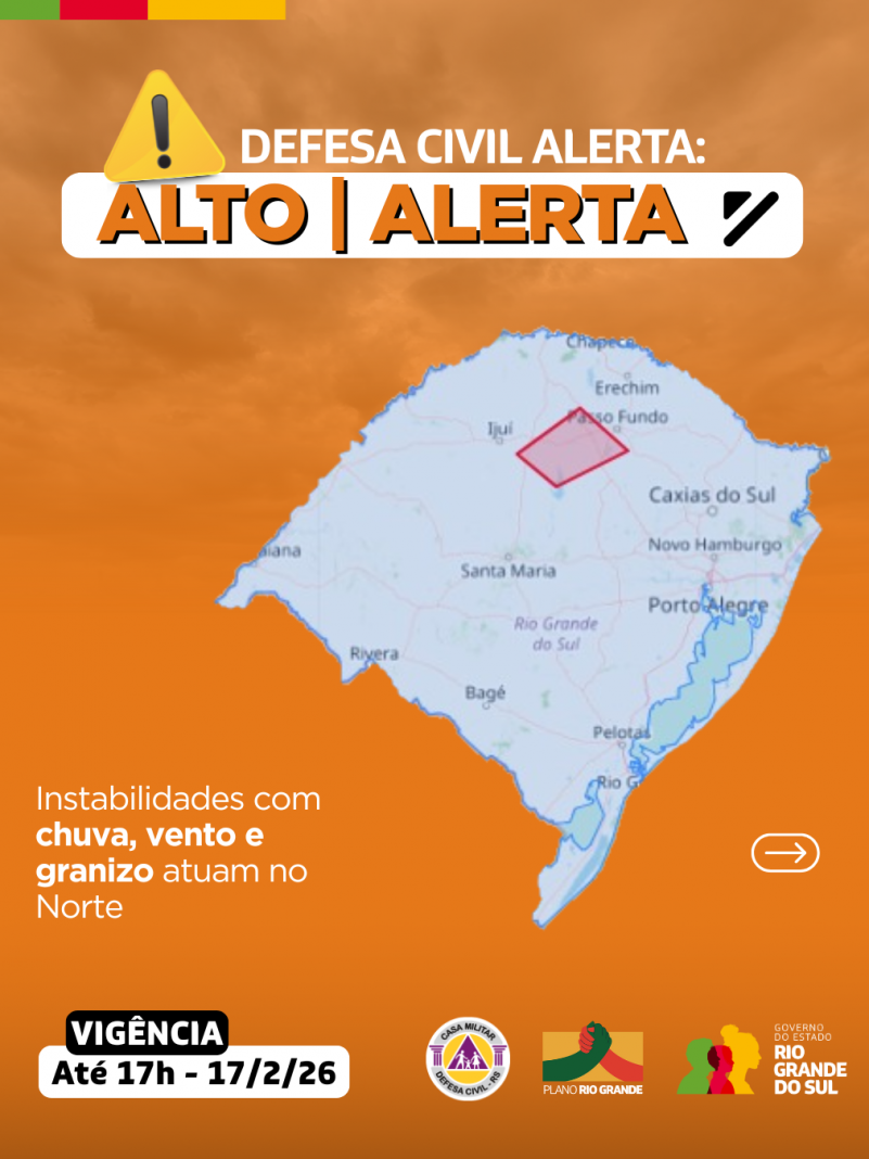 Defesa Civil alerta: Condi&ccedil;&atilde;o de ALERTA para instabilidades que atuam com chuva, vento e granizo
