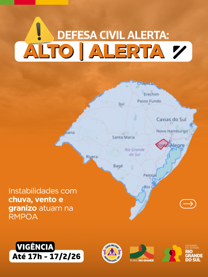Defesa Civil alerta: Condi&ccedil;&atilde;o de ALERTA para instabilidades que atuam com chuva, vento e granizo 