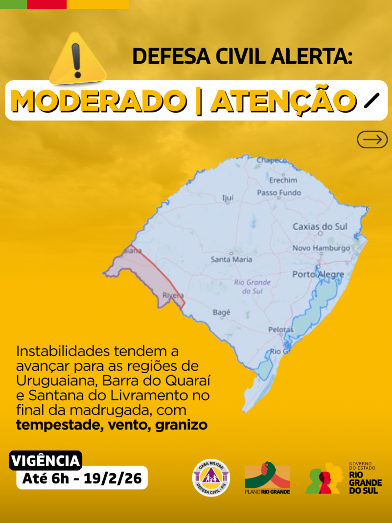 Defesa Civil alerta: Condi&ccedil;&atilde;o de ATEN&Ccedil;&Atilde;O para instabilidades com tempestade, vento, granizo