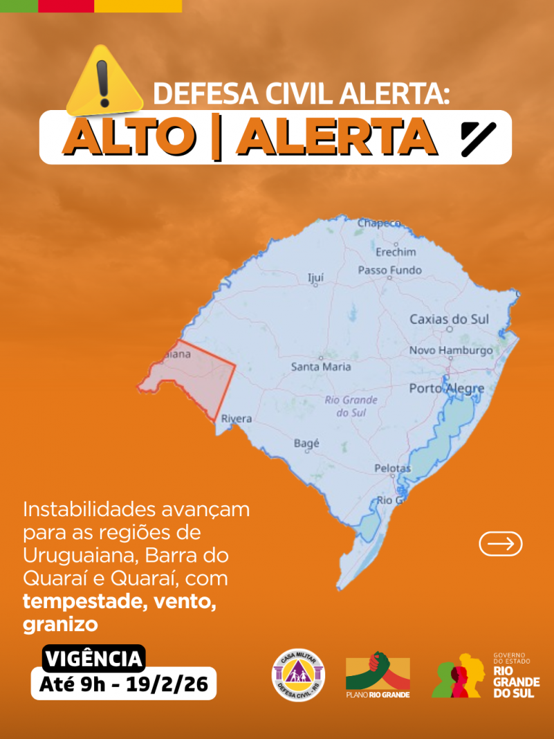 Defesa Civil alerta: condi&ccedil;&atilde;o de ALERTA para instabilidades que avan&ccedil;am para as regi&otilde;es de Uruguaiana, Barra do Quara&iacute; e Quara&iacute;
