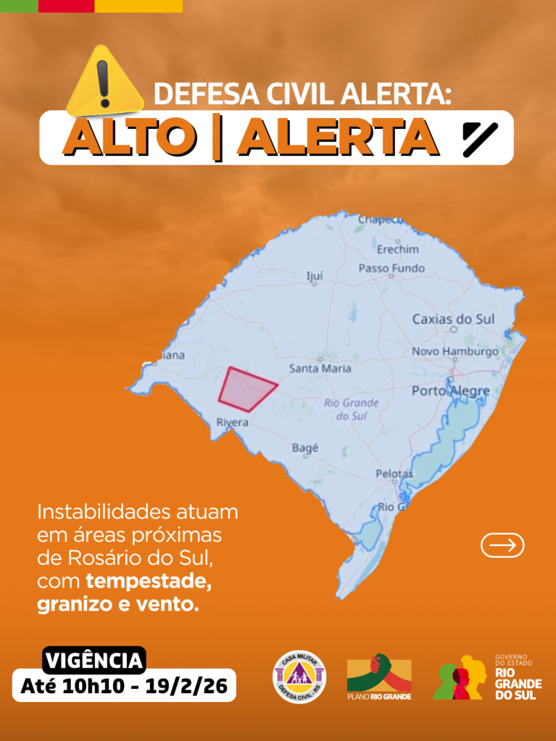 Defesa Civil alerta para instabilidades em &aacute;reas pr&oacute;ximas de Ros&aacute;rio do Sul, com tempestade, granizo e vento