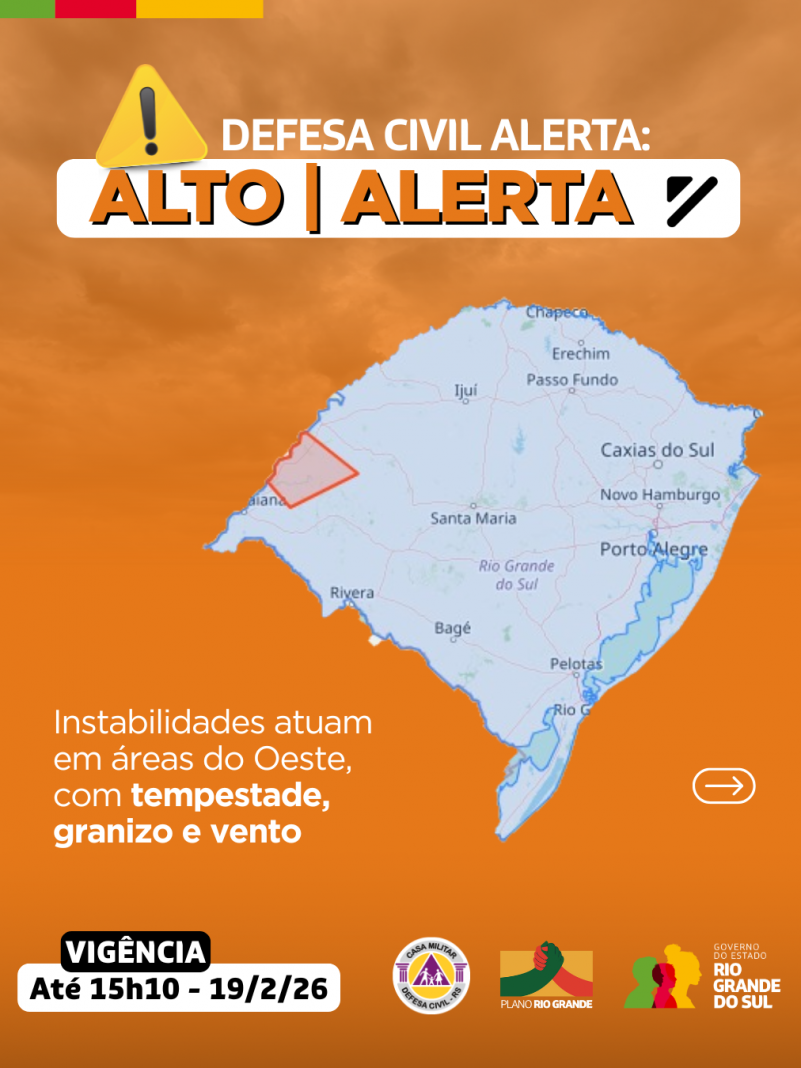 Mapa do RS em fundo laranja com alerta para instabilidades com vento, tempestade e granizo no Oeste 