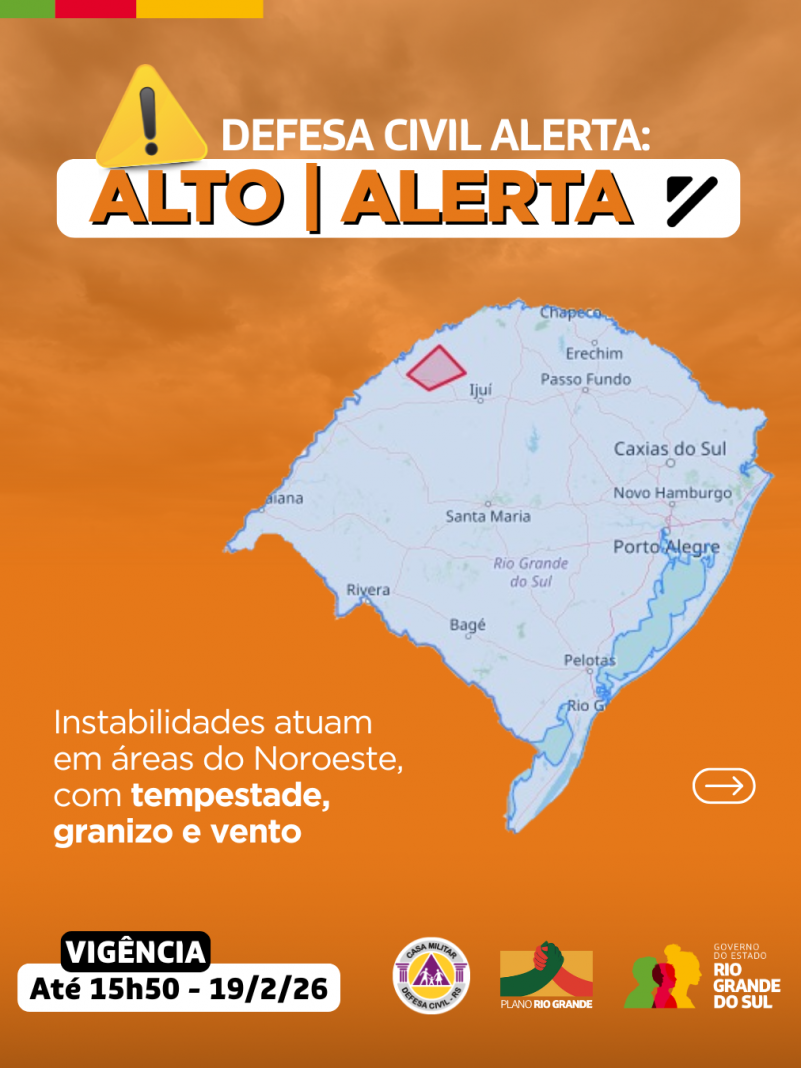 Mapa do RS em fundo laranja para instabilidades com tempestade, granizo e vento no Noroeste 