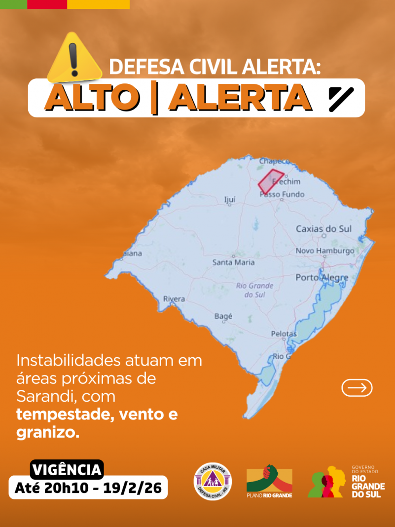 Defesa Civil alerta: Condi&ccedil;&atilde;o de ALERTA para Instabilidades atuam em &aacute;reas pr&oacute;ximas de Sarandi