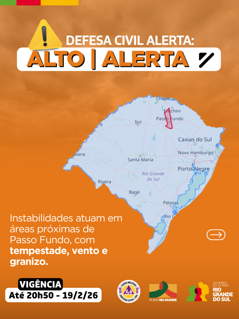 Defesa Civil alerta: Condi&ccedil;&atilde;o de ALERTA para instabilidades que atuam em &aacute;reas pr&oacute;ximas de Passo Fundo
