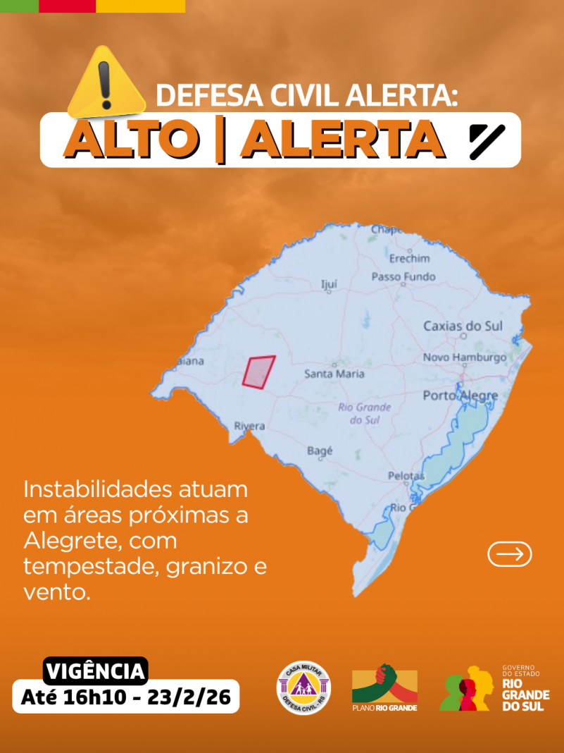 Defesa Civil alerta: Condi&ccedil;&atilde;o de ALERTA para instabilidades que atuam em &aacute;reas pr&oacute;ximas a Alegrete