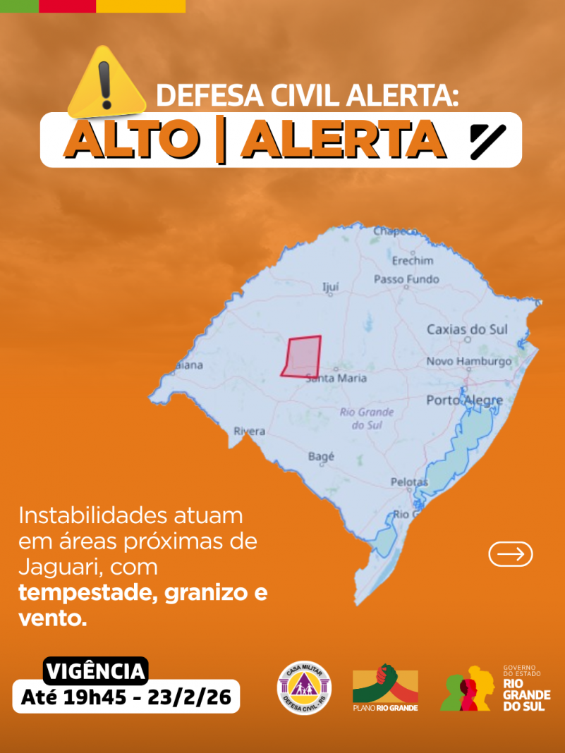 Defesa Civil alerta: Condi&ccedil;&atilde;o de ALERTA para instabilidades que atuam em &aacute;reas pr&oacute;ximas de Jaguari