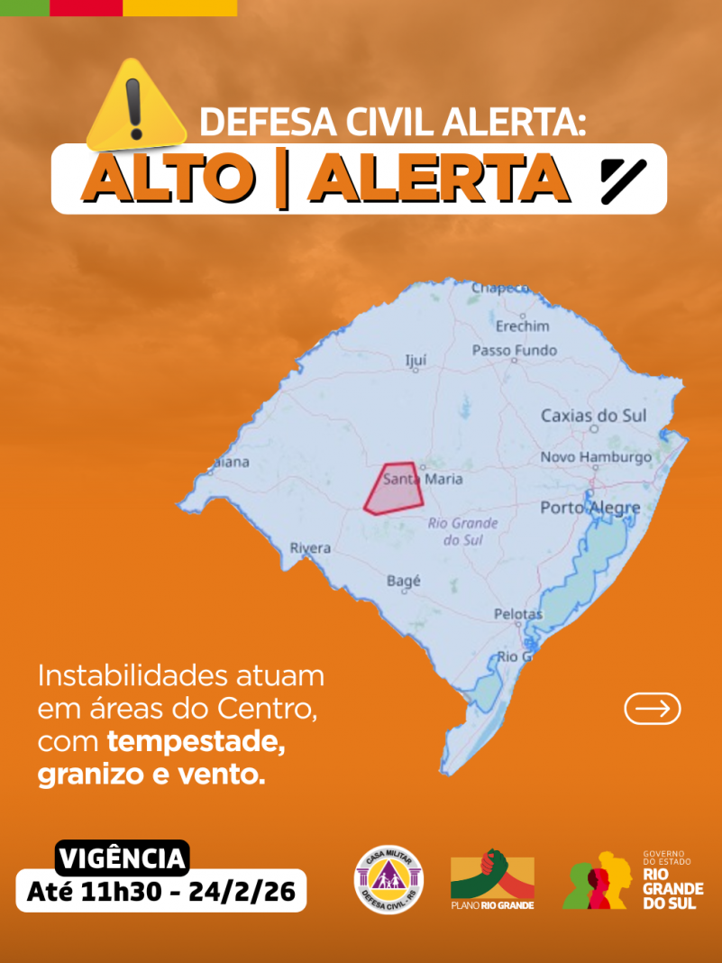 Defesa Civil alerta: condi&ccedil;&atilde;o de ALERTA para instabilidades em &aacute;reas do Centro, com tempestade, granizo e vento.