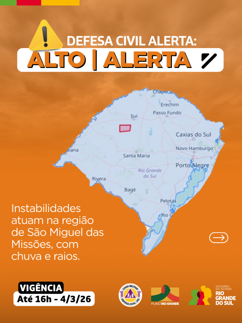 Mapa do RS em fundo laranja com alerta para instabilidades na regi&atilde;o de S&atilde;o Miguel das Miss&otilde;es com chuvas e raios. 