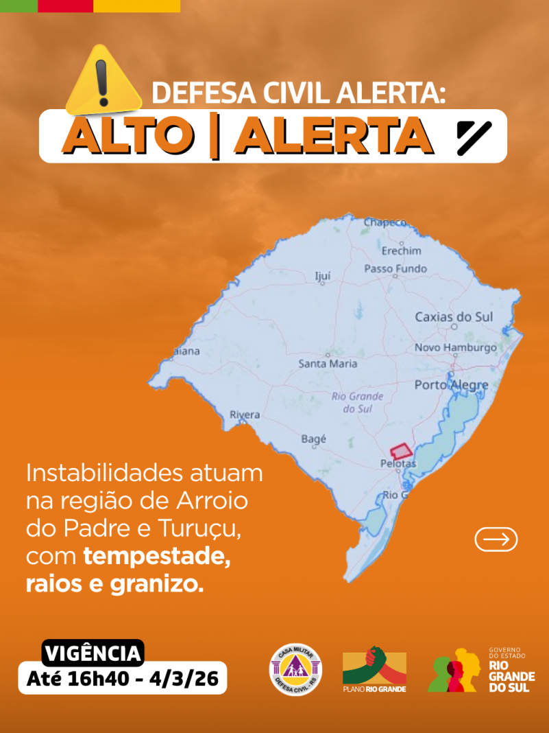 Defesa Civil alerta: Condi&ccedil;&atilde;o de ALERTA para Instabilidades atuam na regi&atilde;o de Arroio do Padre e Turu&ccedil;u