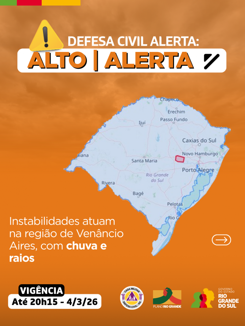 Defesa Civil alerta: condi&ccedil;&atilde;o de ALERTA para instabilidades atuando atuam na regi&atilde;o de Ven&acirc;ncio Aires