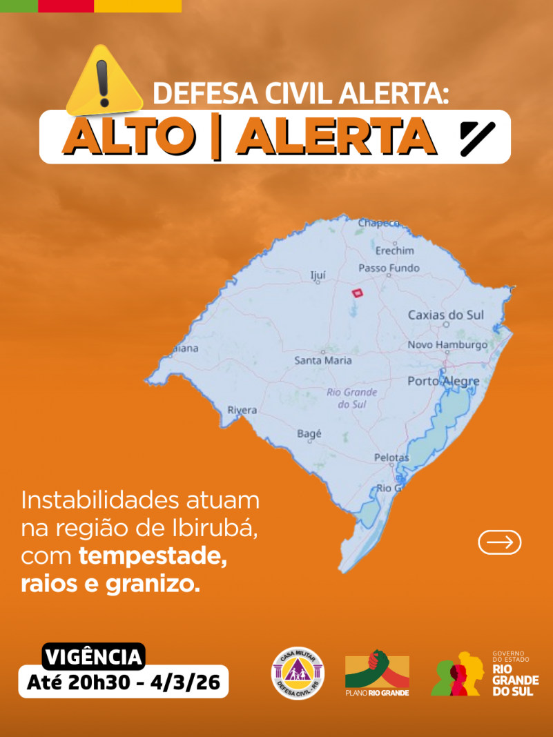 Defesa Civil alerta: condi&ccedil;&atilde;o de ALERTA para instabilidades atuando atuam na regi&atilde;o de Ibirub&aacute;