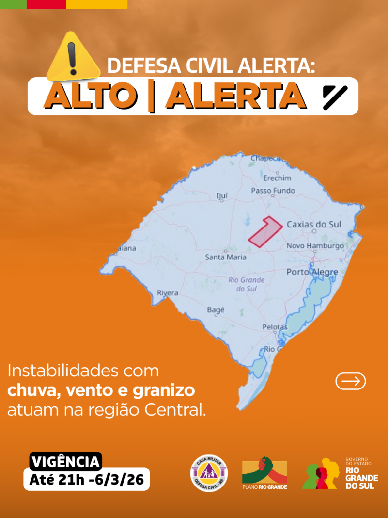 Defesa Civil alerta: Condi&ccedil;&atilde;o de ALERTA para instabilidades com chuva, vento e granizo atuam na regi&atilde;o Central