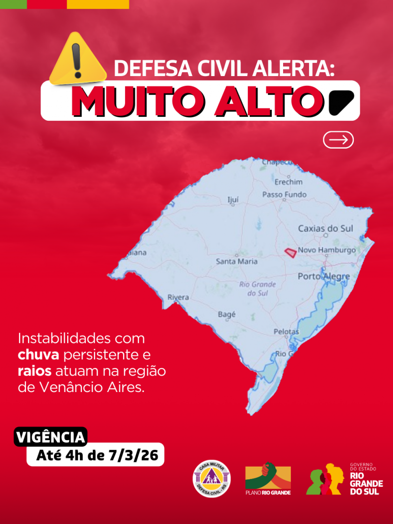 Defesa Civil alerta: condi&ccedil;&atilde;o de alerta SEVERO para instabilidades com chuva persistente e raios atuam na regi&atilde;o de Ven&acirc;ncio