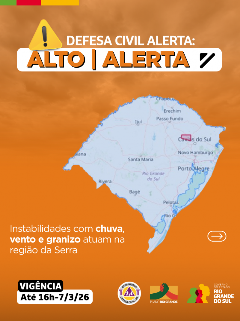 Defesa Civil alerta: Condi&ccedil;&atilde;o de ALERTA para instabilidades com chuva, vento e granizo atuam na regi&atilde;o da Serra