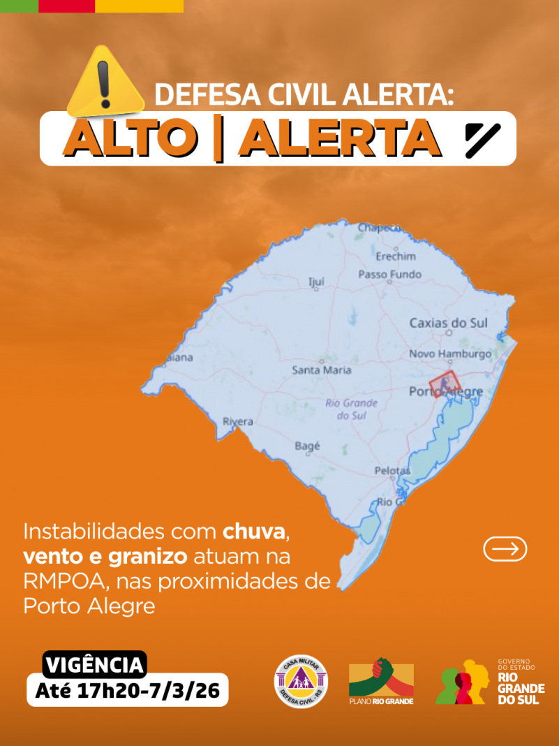 Defesa Civil alerta: Condi&ccedil;&atilde;o de ALERTA para instabilidades com chuva, vento e granizo atuam na RMPOA