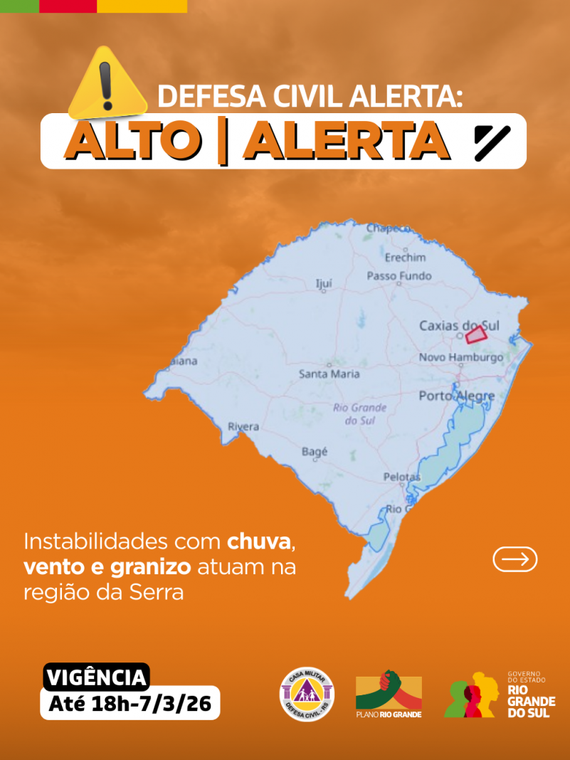 Defesa Civil alerta: Condi&ccedil;&atilde;o de ALERTA para instabilidades com chuva, vento e granizo atuam na regi&atilde;o da Serra