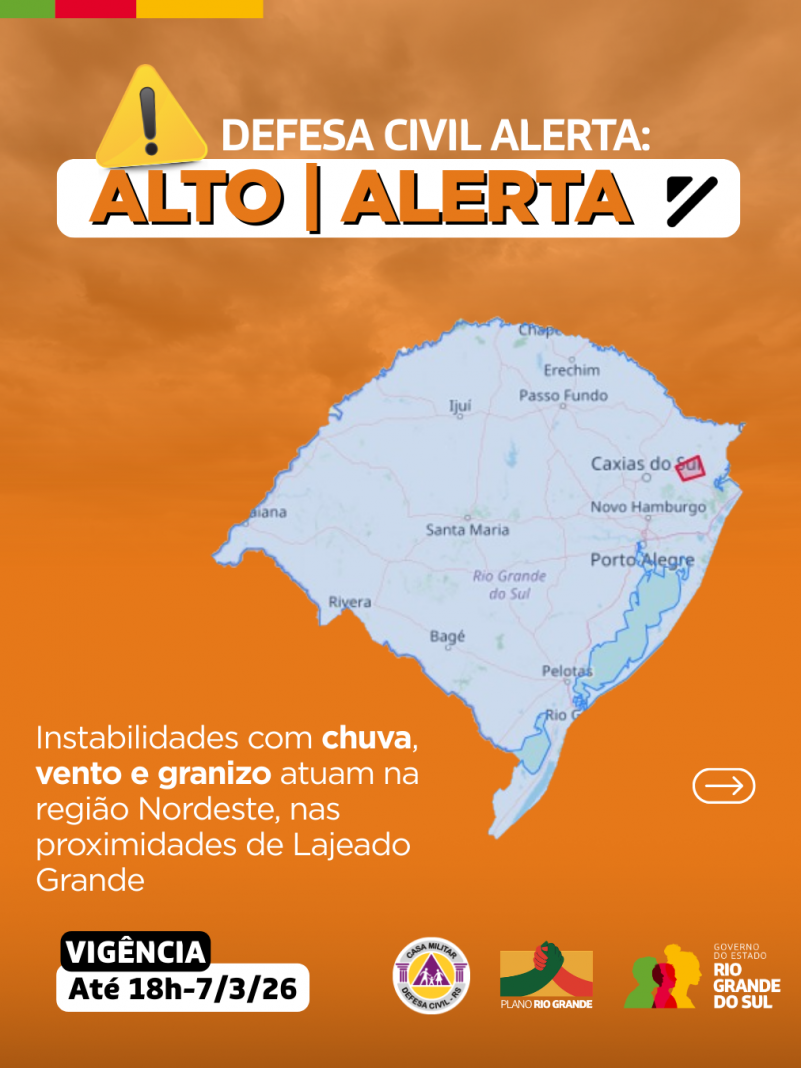 Defesa Civil alerta: Condi&ccedil;&atilde;o de ALERTA para instabilidades com chuva, vento e granizo atuam na regi&atilde;o Nordeste